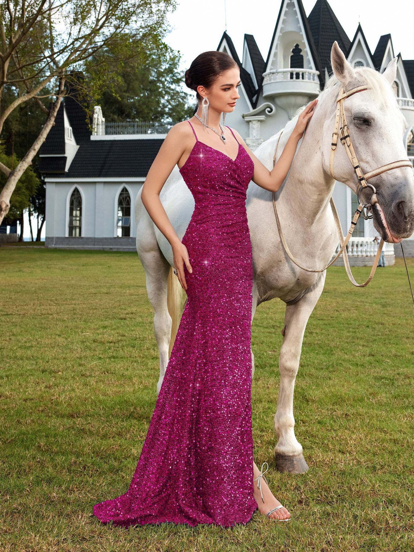 Comercio exterior transfronterizo moda sexy industria pesada brillante vestido de fiesta de banquete de honda de verano femenino estilo francés de alta gama