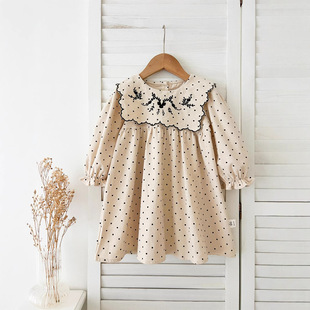 Mori Style Vintage Embroidered Wave Dot Girl's dress Pure Cotton 2024 Autumn Long Sleeve Lapel Children's Skirt Western Style