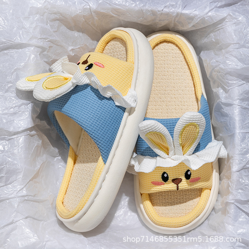 Zapatillas de lino para las mujeres primavera y otoño cuatro estaciones transpirable sudor-absorbente grueso inferior desgaste al aire libre hogar antideslizante mudo lindo conejo de dibujos animados