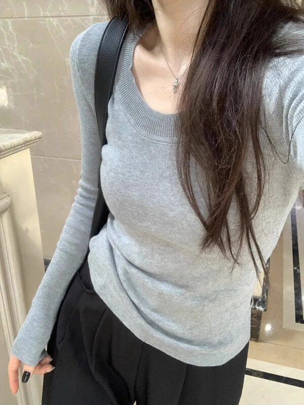 秋冬ins高级感U领修身显瘦内搭上衣女韩系简约长袖毛衣针织打底衫|undefined