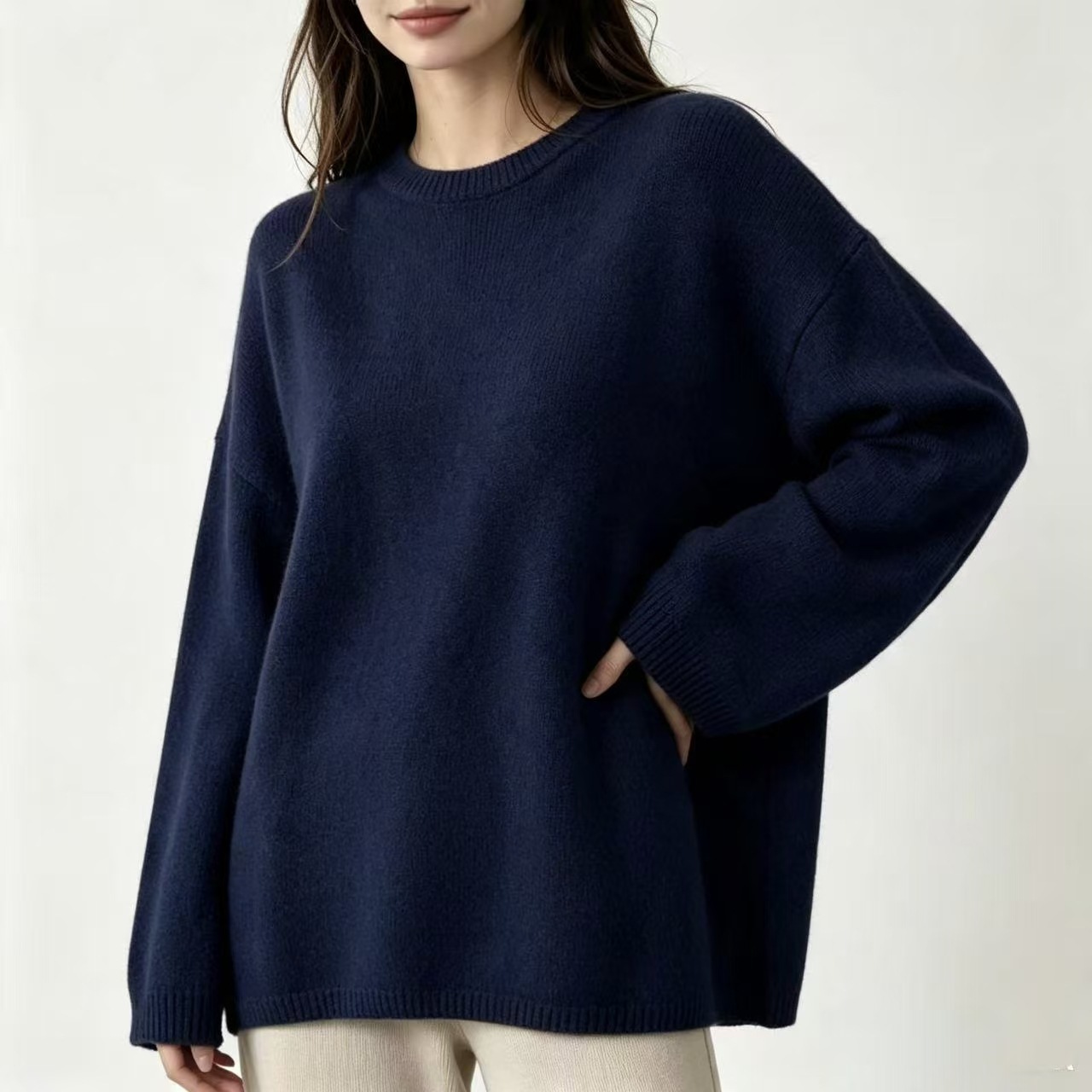 Coreano casual retro color sólido suéter de cuello redondo para mujeres otoño y invierno nuevo estilo de vestir suelta camisa de punto de estilo portugués