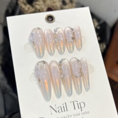 【为爱发电】纯手工穿戴甲极光猫眼法式显贵显白长款美甲贴穿戴甲