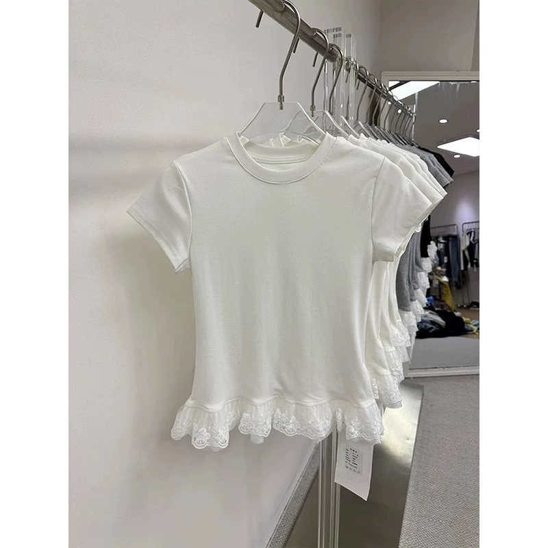 Летняя новая стильная французская кружевная рубашка с круглым вырезом и короткими рукавами, 2025, корейский стиль, внутренний многослойный топ для женщин