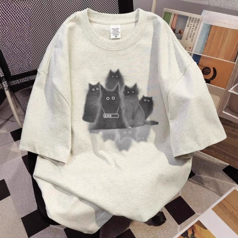 New Heavy Cotton Cat Printed Short-sleeved T-shirt Women's All-match Niche Cute Top 25 Fashionable Slimming