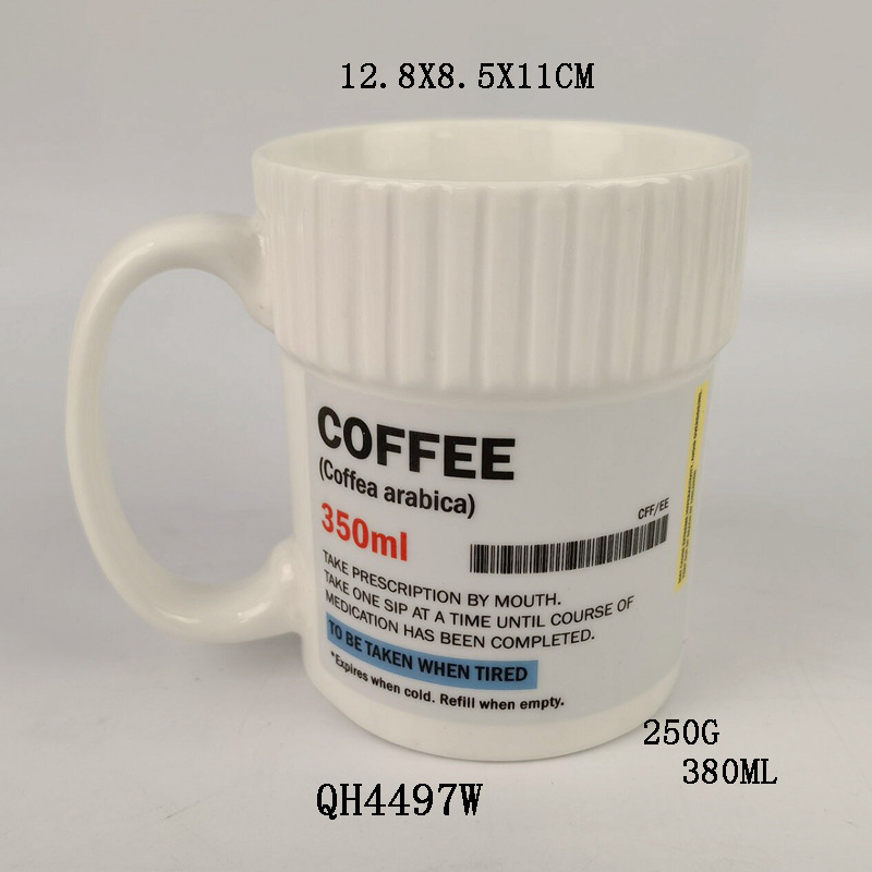 Taza de café de cerámica cuidadosamente seleccionada Taza de medicina creativa Taza de botella de medicina transfronteriza especial Taza con forma de botella de medicina Taza de agua con patrón