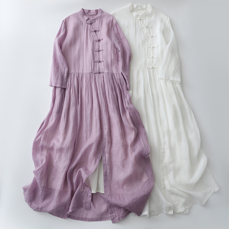 Double-layer elegant long sleeve imitation Ramie dress women's loose retro stand collar buckle solid color elegant fairy long skirt