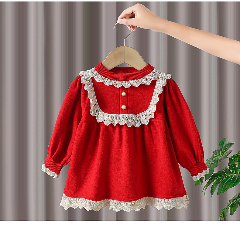 Korean Edition Girls dress 2021 new pattern baby sweater Princess Dress lace Lace knitting Wool skirt