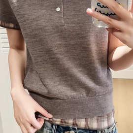 AC南油~@假两件羊毛针织衫拼接POLO短袖上衣女26春夏款假两件POLO