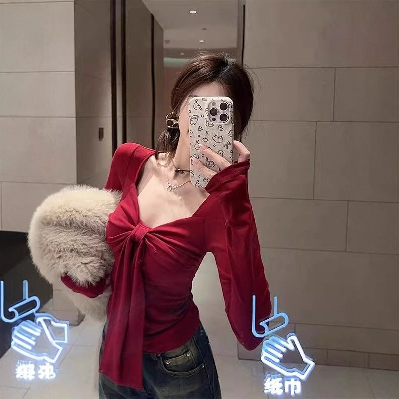 纯欲风辣妹小众蝴蝶结V领红色T恤女装秋季修身显瘦短款长袖打底上|undefined
