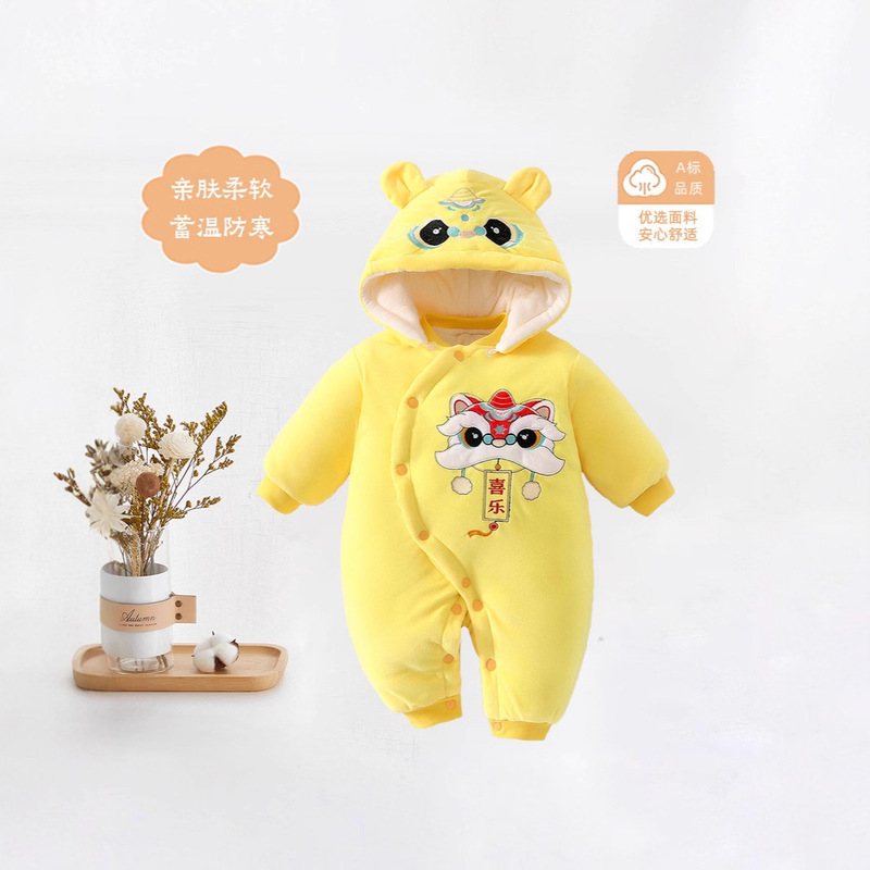 New Year's Newborn Baby Jumpsuit Winter Style Plus Velvet Thickened Baby Winter Clothes New Year's Eve Clothes Going Out and Crawling Clothes