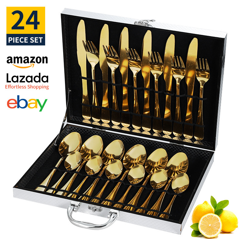 Conjunto de cubiertos de acero inoxidable transfronterizo de 24 piezas cuchillo de filete cuchara de cubiertos occidentales caja de regalo estado de ánimo cuchillo de huevo exportación