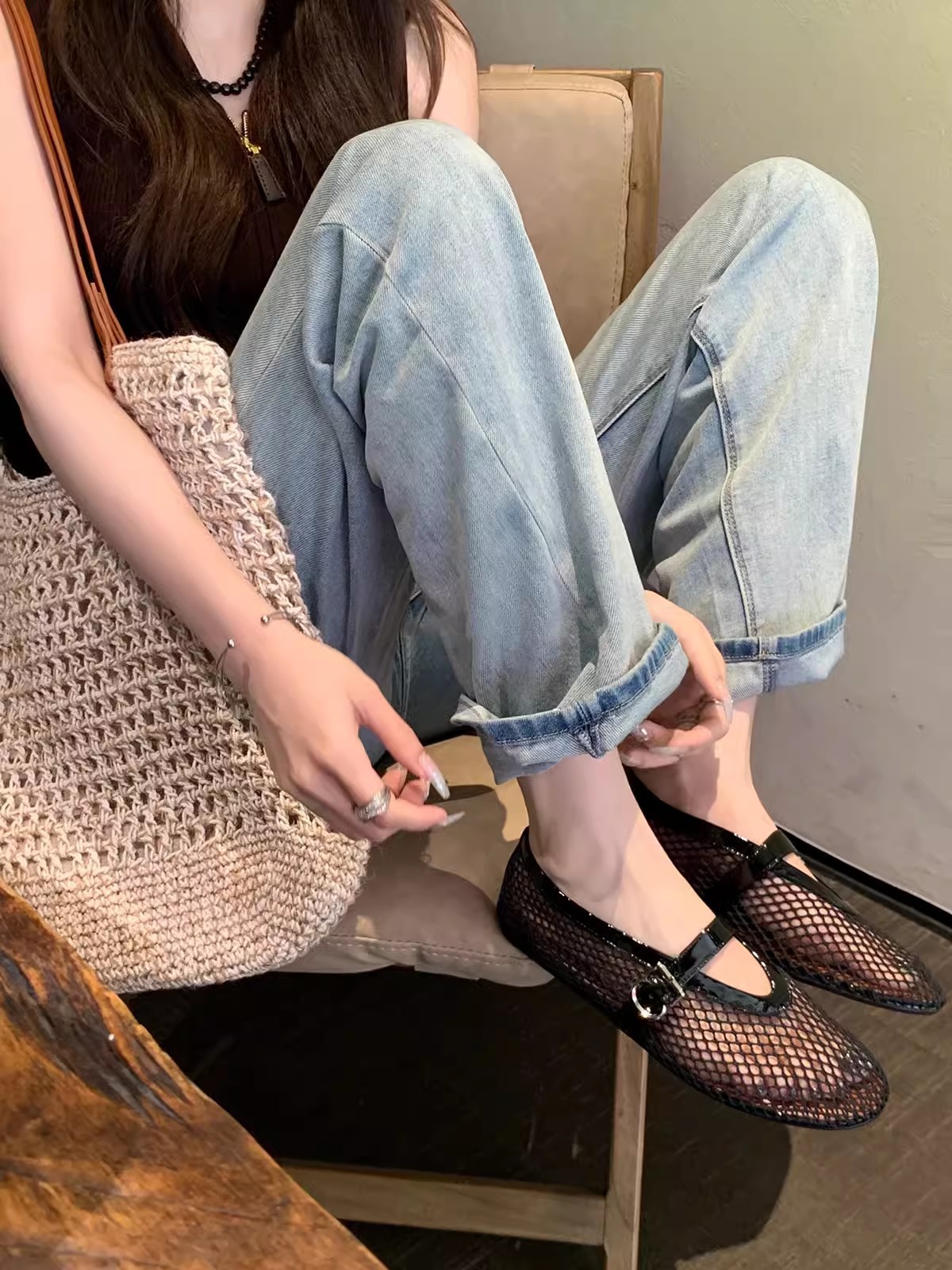 Versión de piel de oveja ~ Grape Madre con el mismo tipo de diamante brillante hebilla de malla superficial de verano zapatos de soltero de mujer
