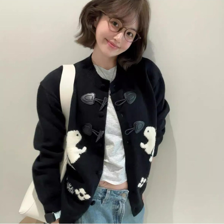 Retro Fair Isle rabbit-patterned sweater with horn buttons, women's thick autumn/winter round-neck knitted cardigan, short top