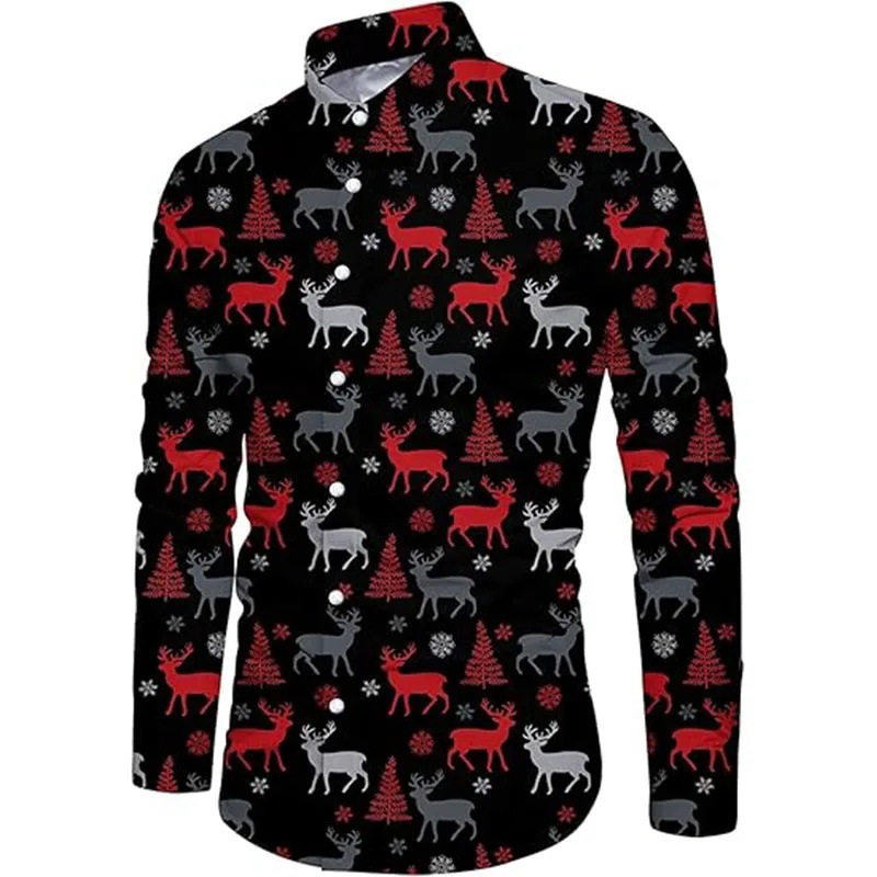 Elastic Bamboo Knit 2025 Men's Shirt Casual 3D Print Santa Claus Long Sleeve Shirt Street Casual Harajuku Men's
