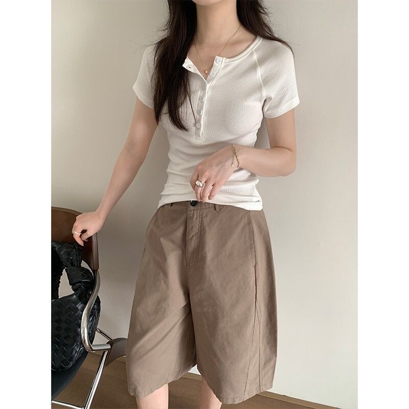 Summer Loose-Fitting Women's Knee-Length Shorts, Three-Dimensional Cut, High-Waisted, Straight-Leg, Thin Workwear Pants, Plus Size, Versatile