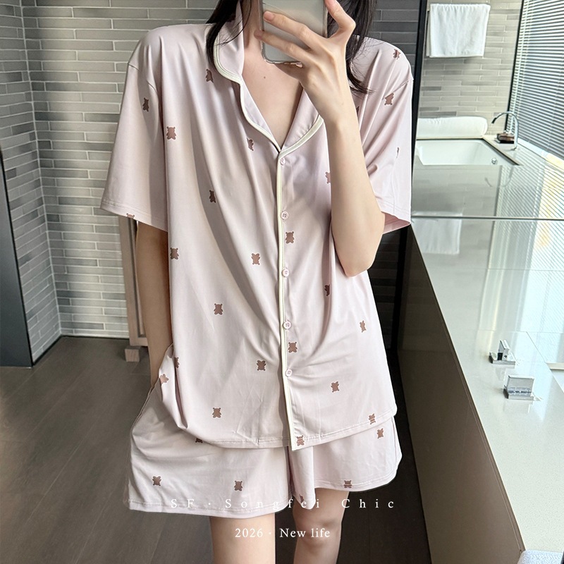 3221 Ice Silk Pajamas for Women, Summer Bear Plaid Print Cool Set, Button Cardigan, Short-Sleeve Loungewear, Export