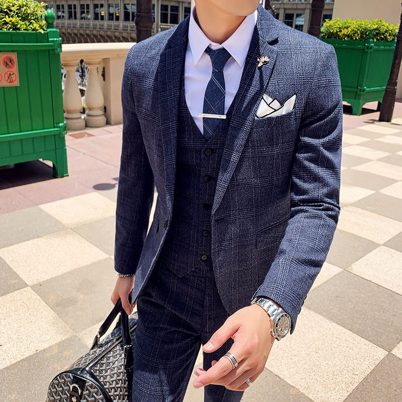 Men's Clothing Men's suit three piece trousers 2024 new plaid suit suit slim men's suit three piece suit_voghion.com