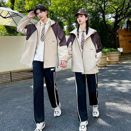 一件代发2023实拍情侣秋冬学生连帽休闲风衣外套套装 班服 校服