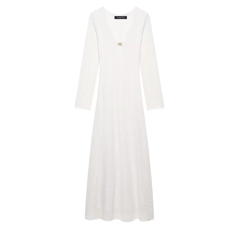 Cross-Border 2025 New Summer European and American Style Elegant Crochet Midi Dress V Neck Long-Sleeved Slim Long Dress