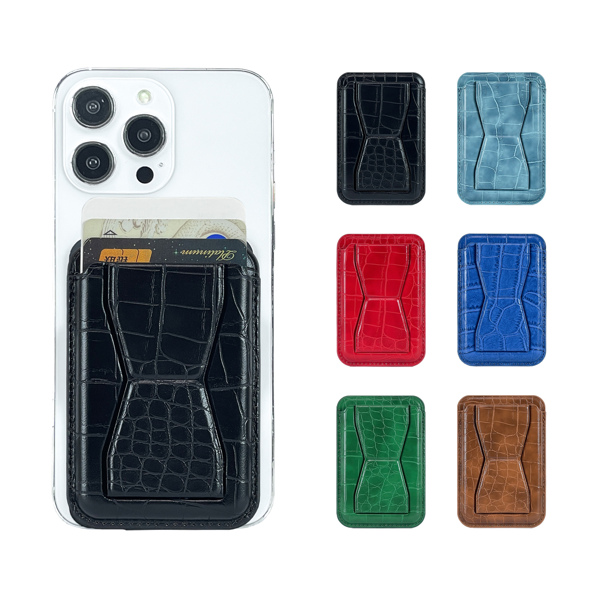 Fábrica suministro directo de suministro de productos in situ transfronterizo soporte de teléfono móvil bolsas de tarjetas de cuero PU bolsas de tarjetas de soporte estilo pegado