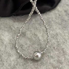 ins 切花闪耀施家正圆强光银灰色珍珠项链气质轻奢小众设计毛衣链