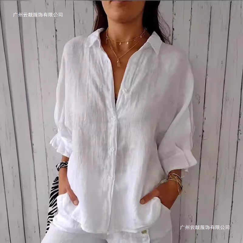 2024 European and American Amazon Spring Cotton-Linen Shirt with Back Tie Design, Long Sleeve, Light Luxury, 2026 Spring Trend