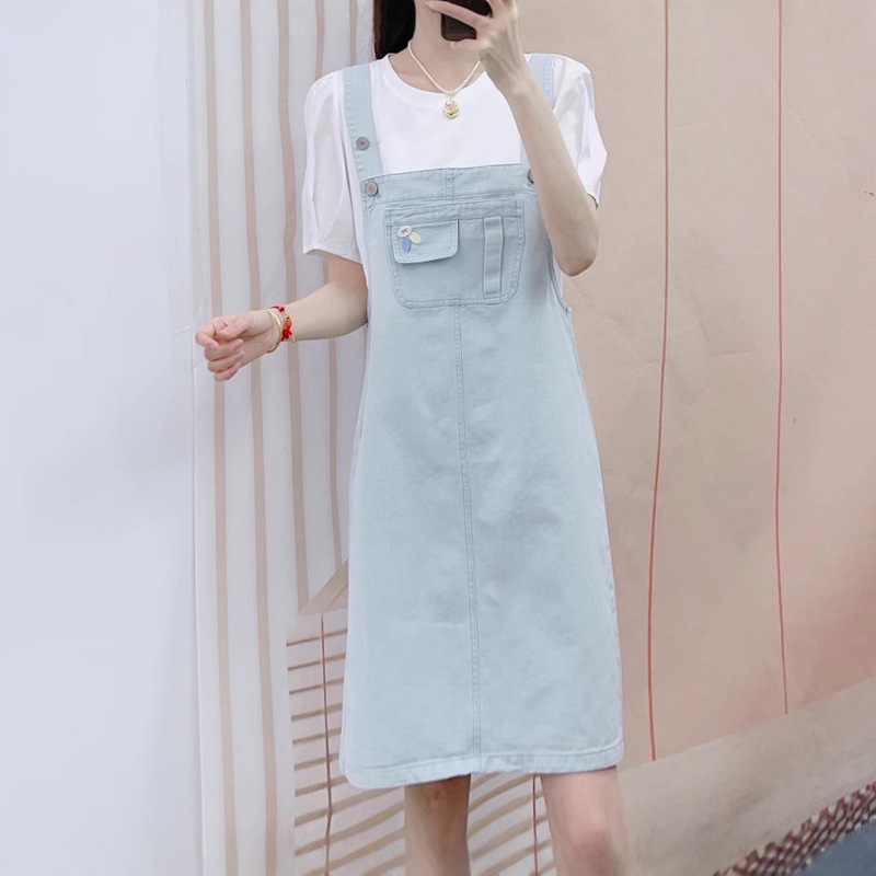 2026 Summer Clearance Casual Versatile T-Shirt + Youthful Denim Strap Dress Two-Piece Set A53/D1