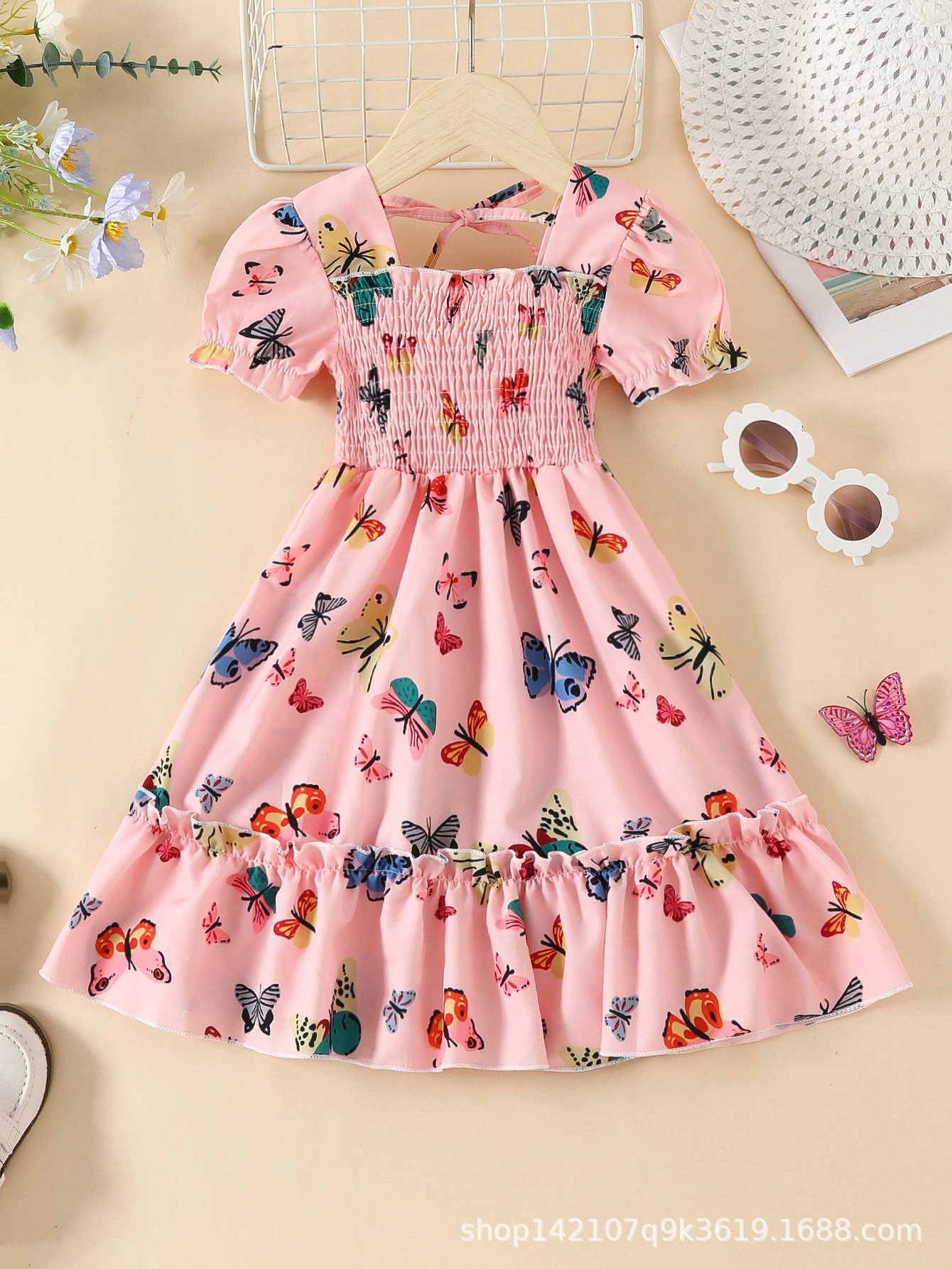 Girls' summer short sleeve dress 2024 new butterfly print girls' skirt