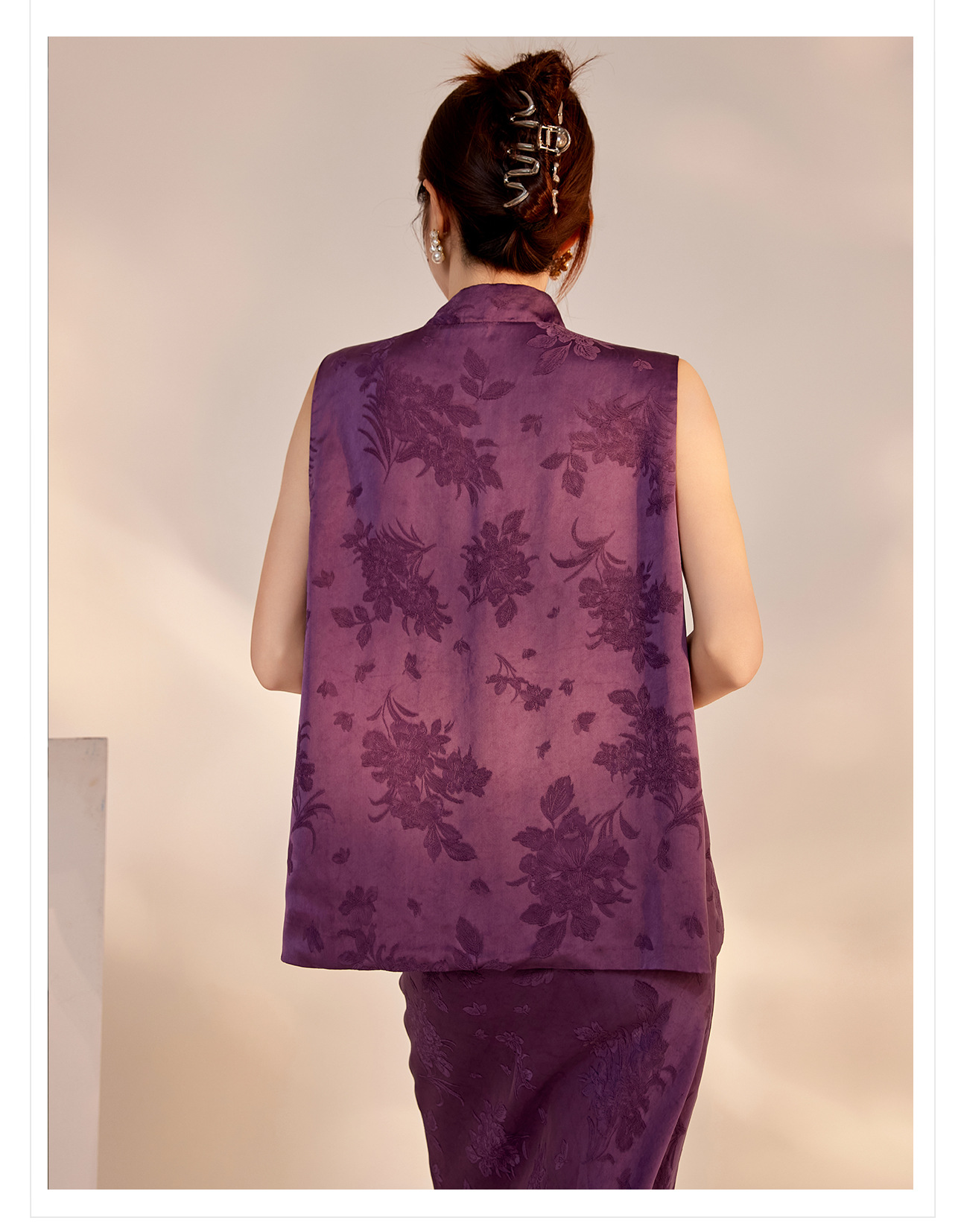 Bộ áo vest và váy in họa tiết tím phong cách Tân Trung Quốc đầu thu nữ M7085 — Váy nửa, Áo gilê chi tiết 17