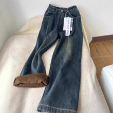大码水泥灰加绒加厚牛仔裤女秋冬高腰宽松显瘦做旧设计感阔腿裤子
