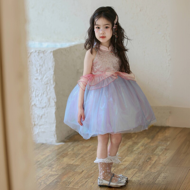 Girls Summer Mermaid Princess Dress 2025 New Girls Pink Sequin Mesh Dress Puffy Birthday Dress