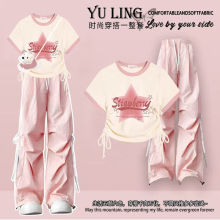 多巴胺辣妹套装夏季韩系设计感抽绳短袖T恤+高腰帅气工装裤两件套