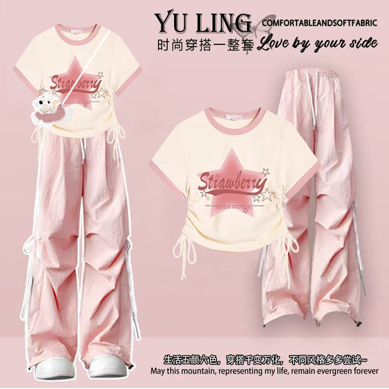 多巴胺辣妹套装夏季韩系设计感抽绳短袖T恤+高腰帅气工装裤两件套