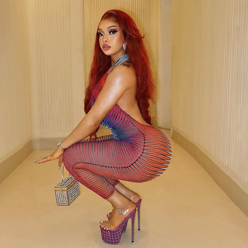 European and American 2025 Summer New Women's Sexy Spice Neck Color Striped Bag Hip Tight High Waist Jumpsuit