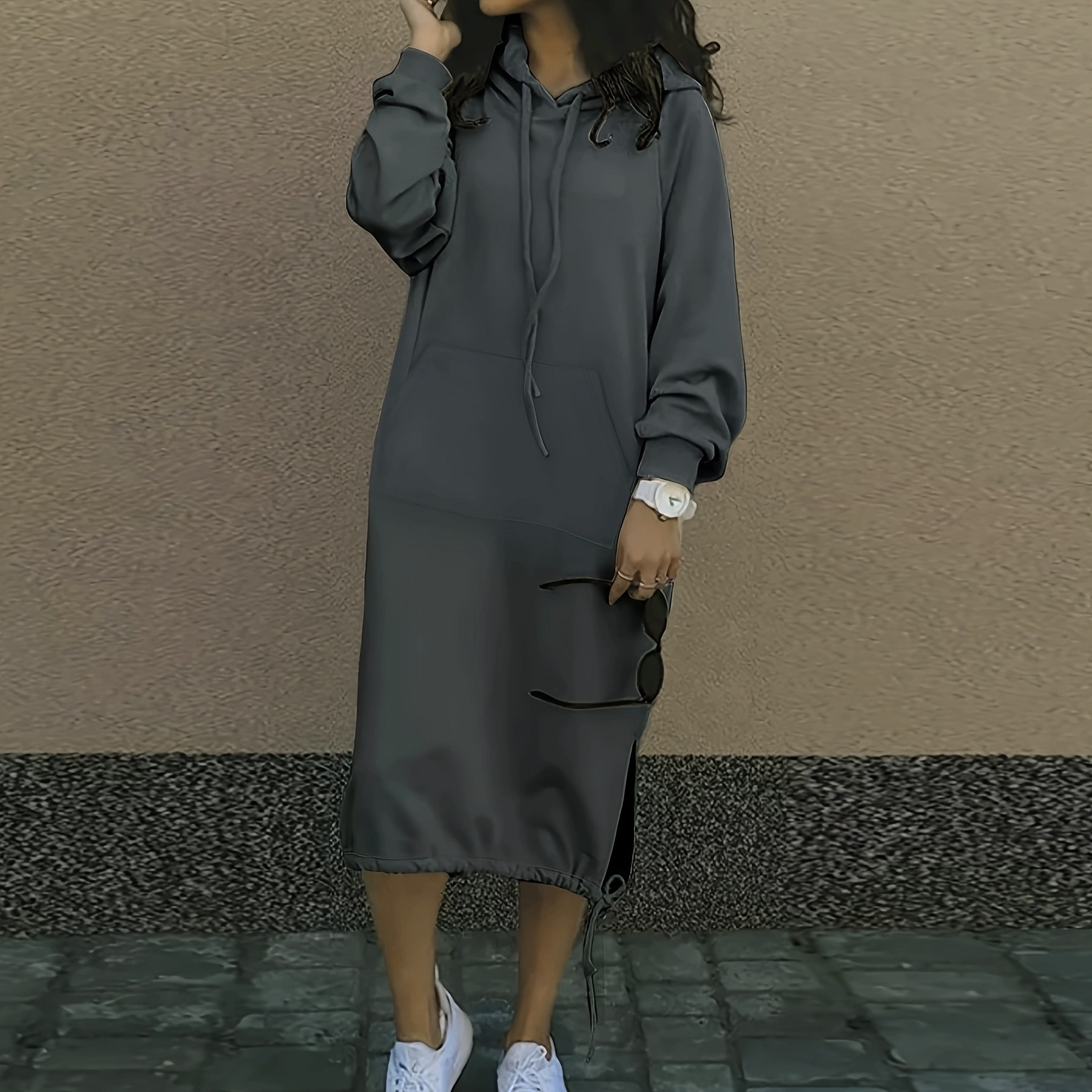 Autumn Winter Long Lace up Hem Dress Hooded Sweater Midi Dress for Women