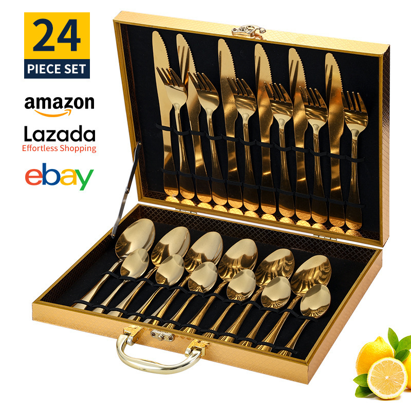 Conjunto de cubiertos de acero inoxidable transfronterizo de 24 piezas cuchillo de filete cuchara de cubiertos occidentales caja de regalo estado de ánimo cuchillo de huevo exportación