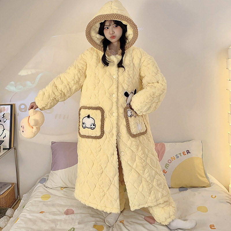 겨울 산호 양털 귀여운 여성용 파자마 3 층 퀼트 긴 후드 따뜻한 홈 의류 세트 여성용 외모