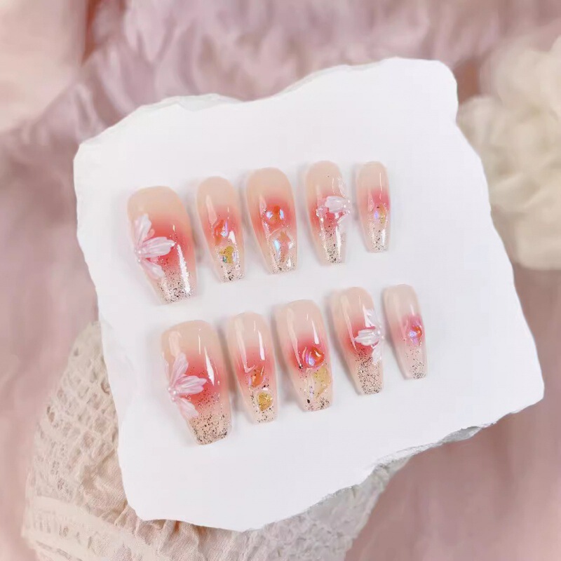 Ice Jade Shell Gold Foil Pearl Blush Nail Handmade Removable Manicure Wearable Nail Long Fake Nail Patch