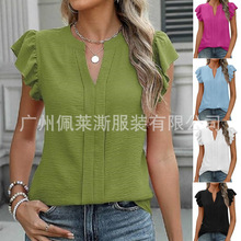 2025夏季欧美亚马逊跨境女式纯色褶皱荷叶边短袖T恤衬衫欧美跨境