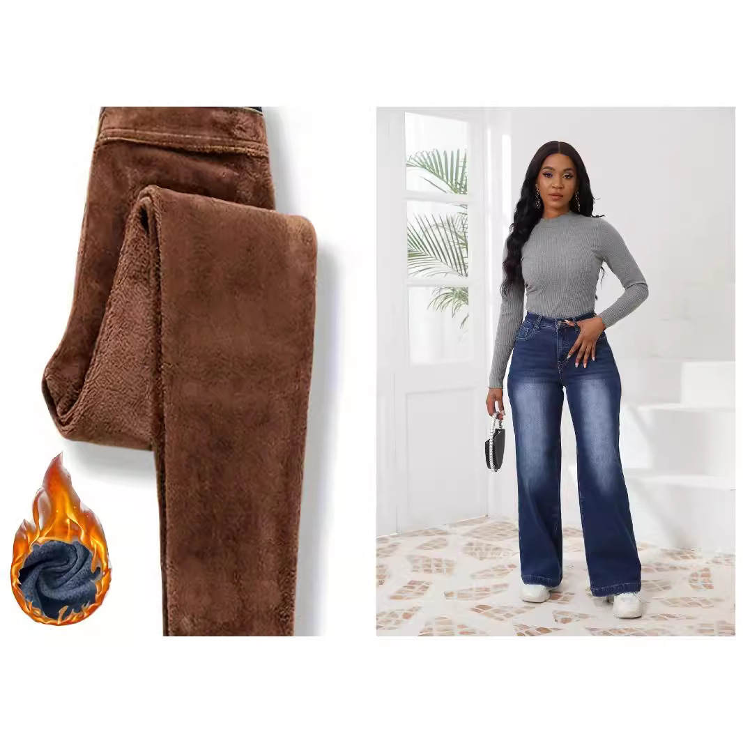 Jeans de pierna ancha y gruesos con forro polar para comercio exterior transfronterizo para mujer, nuevo estilo de otoño e invierno 2025, jeans rectos de cintura alta lavados, ahora disponibles.