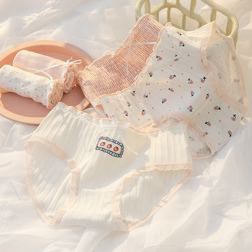 Sweet bow underwear for women, lace edge threaded pure cotton crotch shorts, middle waist, hips, girls' briefs wholesale