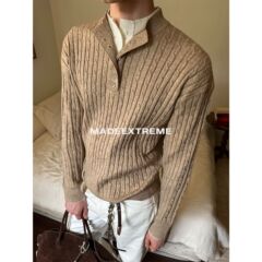 【EME】秋冬松弛感假两件双层亨利领麻花粗条纹针织衫毛衣男女