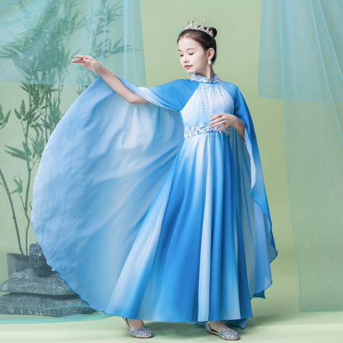 Girls blue gradient hanfu blue  fairy princess cosplay dress children model show qipao Chinese folk classical dance costumes the guzheng performance suit for kids