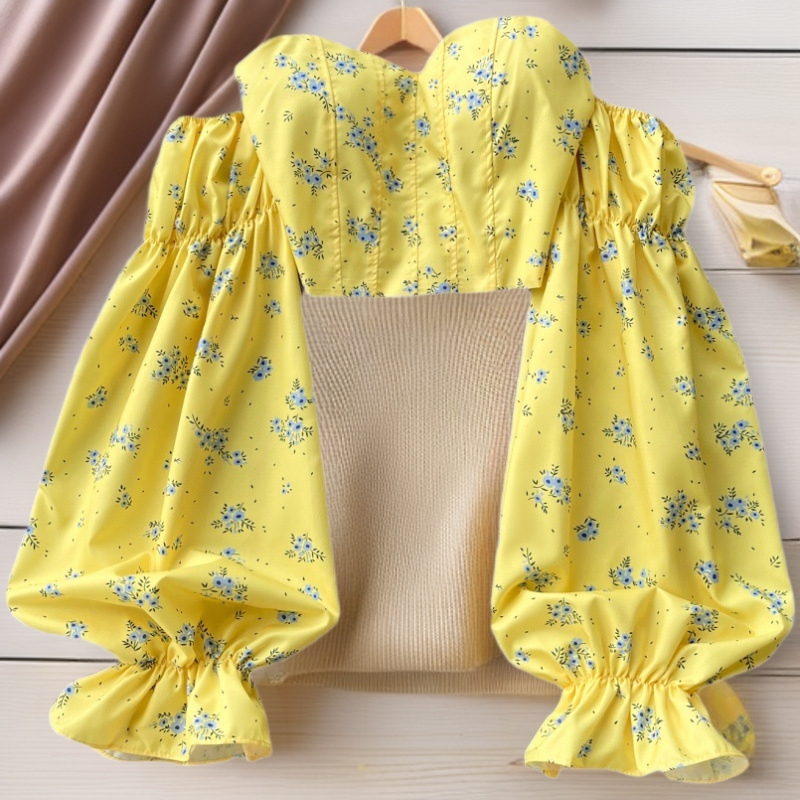 Top temperament heart sense word short niche sweet design heart shoulder floral tube top long sleeve shirt a hot girl