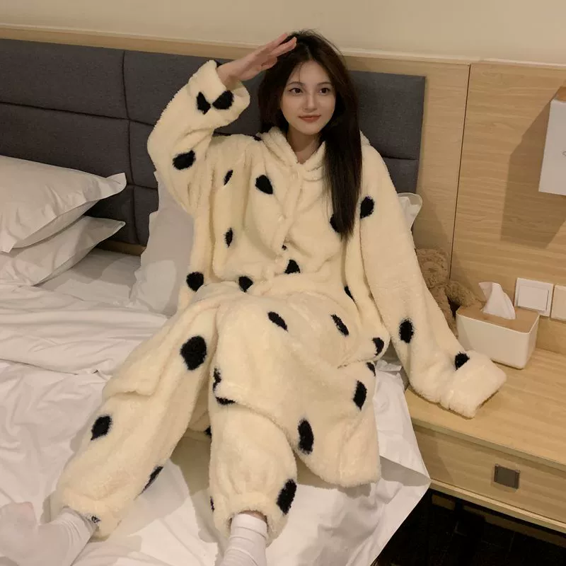 Coral velvet demi-season warm pijama, cartoon flannel long bathrobe with hood, set