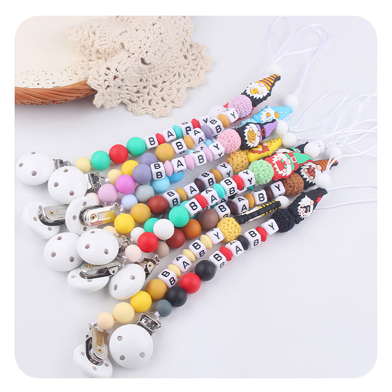 Nuevo BABY letras plásticas de madera chupeta clips Santa Claus silicona bebé pacificador chupeta cadena anti-caída cadena