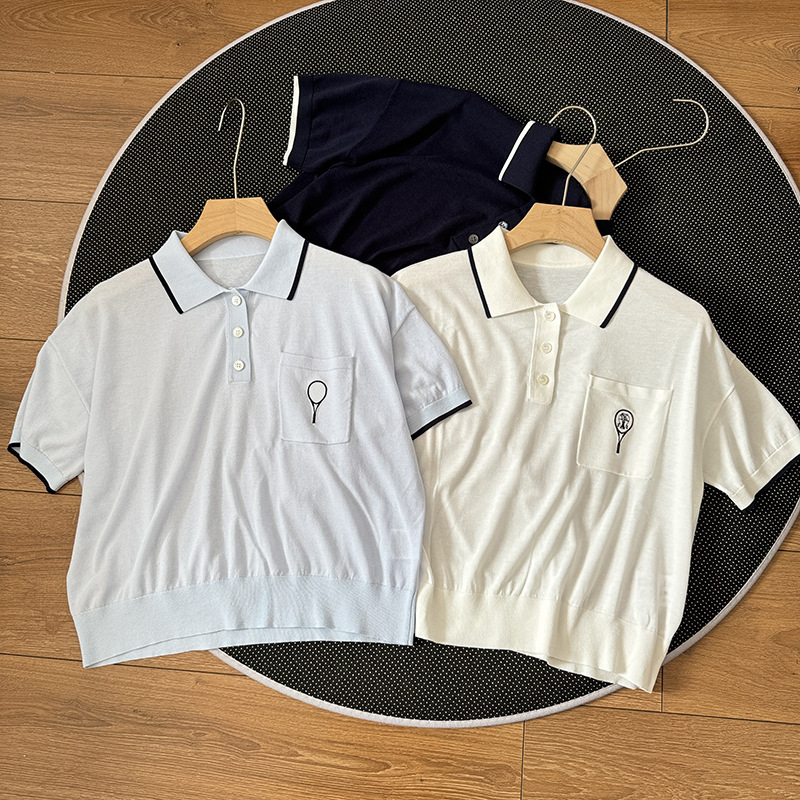 BC Contrast POLO Collar Short-sleeved Knit Women's 2024 Summer New Pocket Tennis Rack Embroidered Simple Top