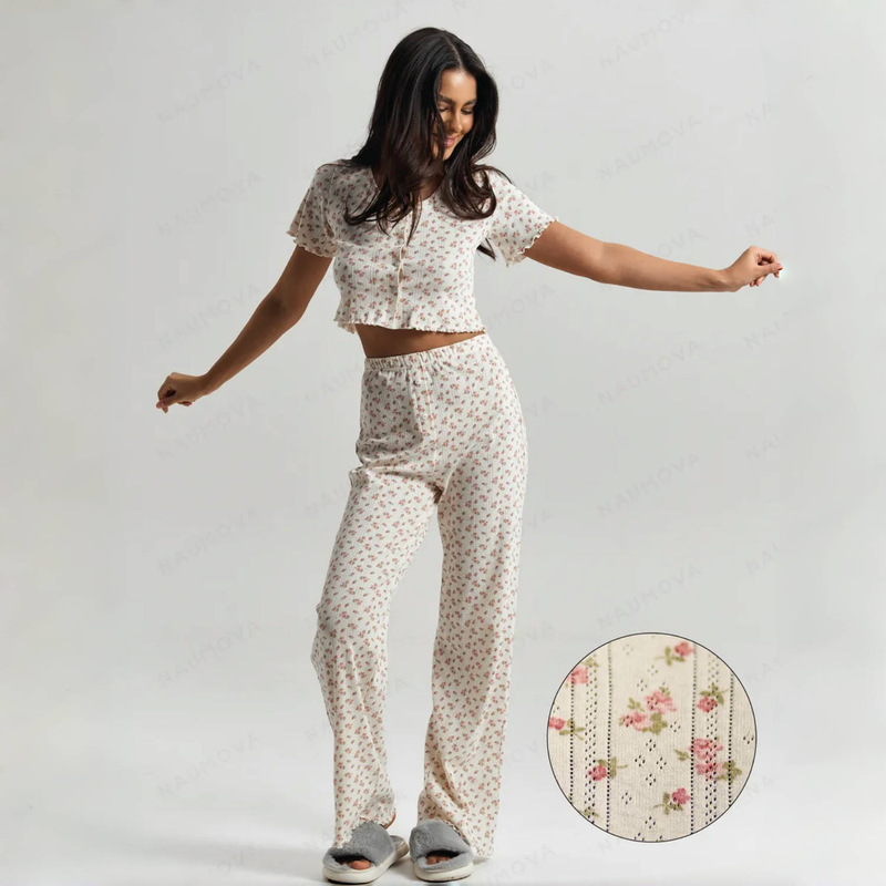 Cross-Border European and American Spring & Fall Pajamas for Women, Small Floral Curled Edges, Slimming Short-Sleeved Trousers, Home Clothes Two-Piece Set