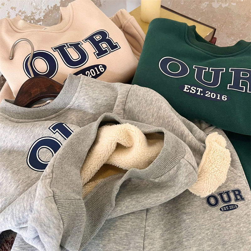 Kid's Clothing Spring And Autumn And Winter Boys And Girls Printed Letters Warm Tide Treasure Plus Velvet Thickened Our Sweatshirt Suit_voghion.com