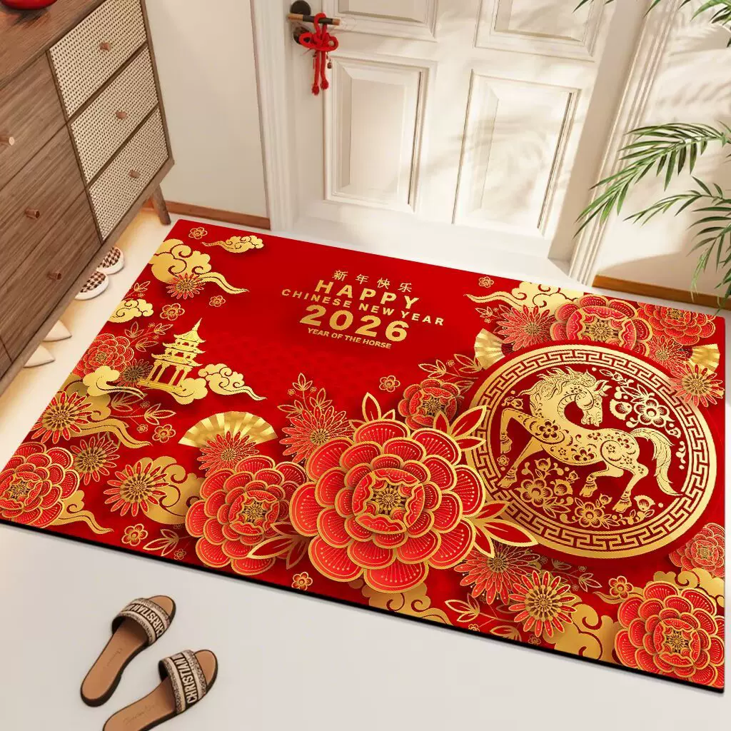 马年入户门地垫新春玄关水晶绒脚垫耐脏易打理脚垫子吸水耐磨地垫
